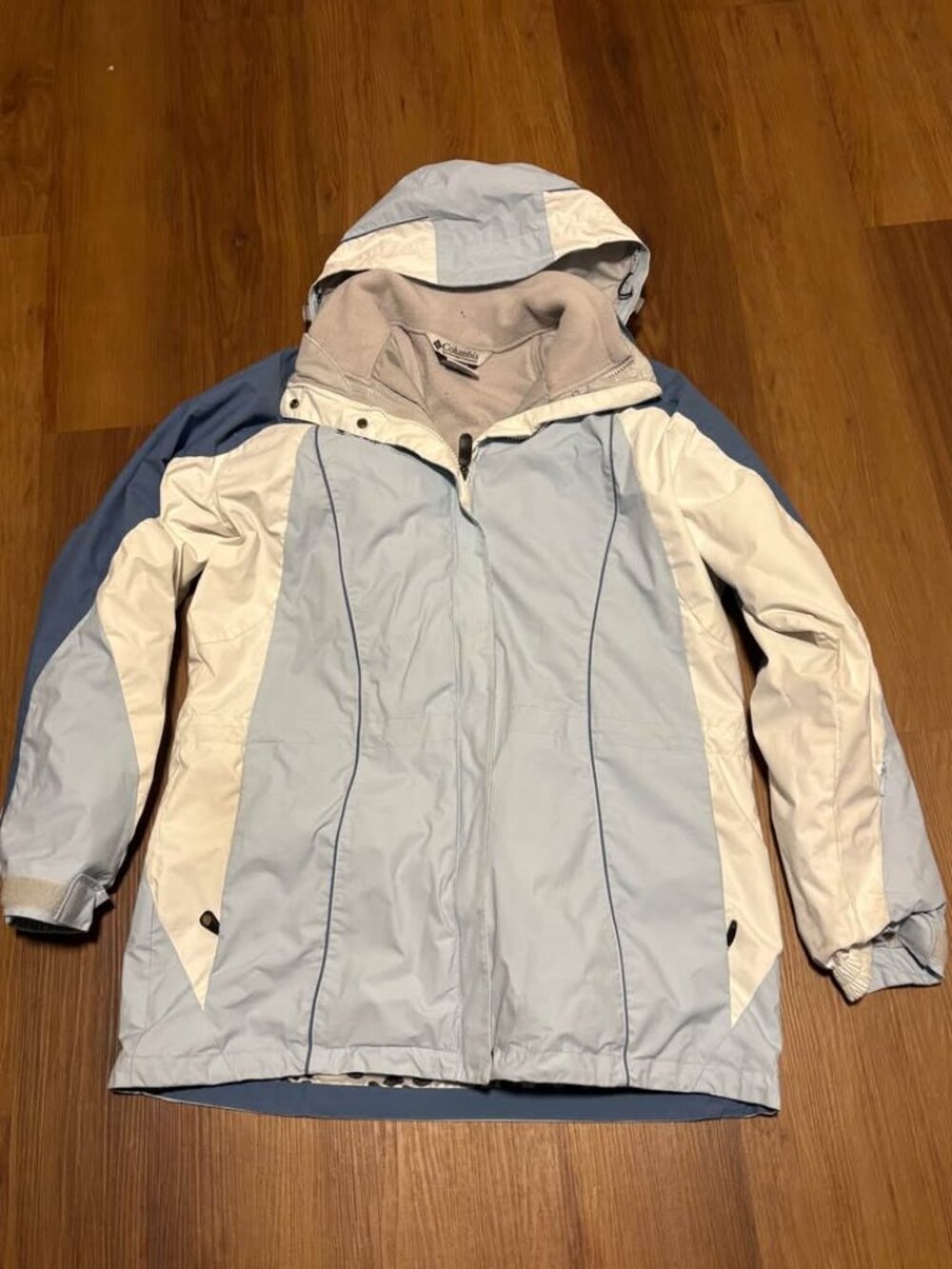 Columbia Womens Fleece Lined Interchange Jacket Full Zip Hooded White Blue Large